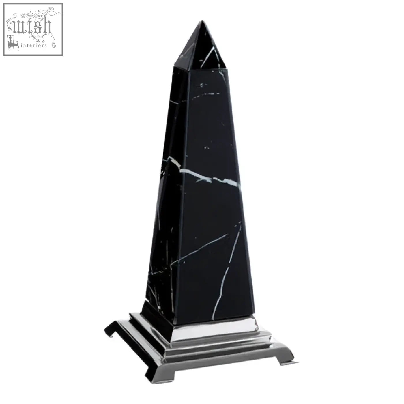 Renata small black marble obelisk sculpture with white veining on a polished silver base black marble design obelisk