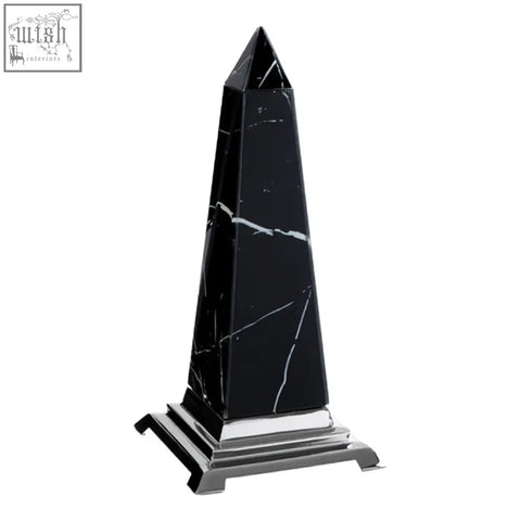 Renata small black marble obelisk sculpture with white veining on a polished silver base black marble design obelisk