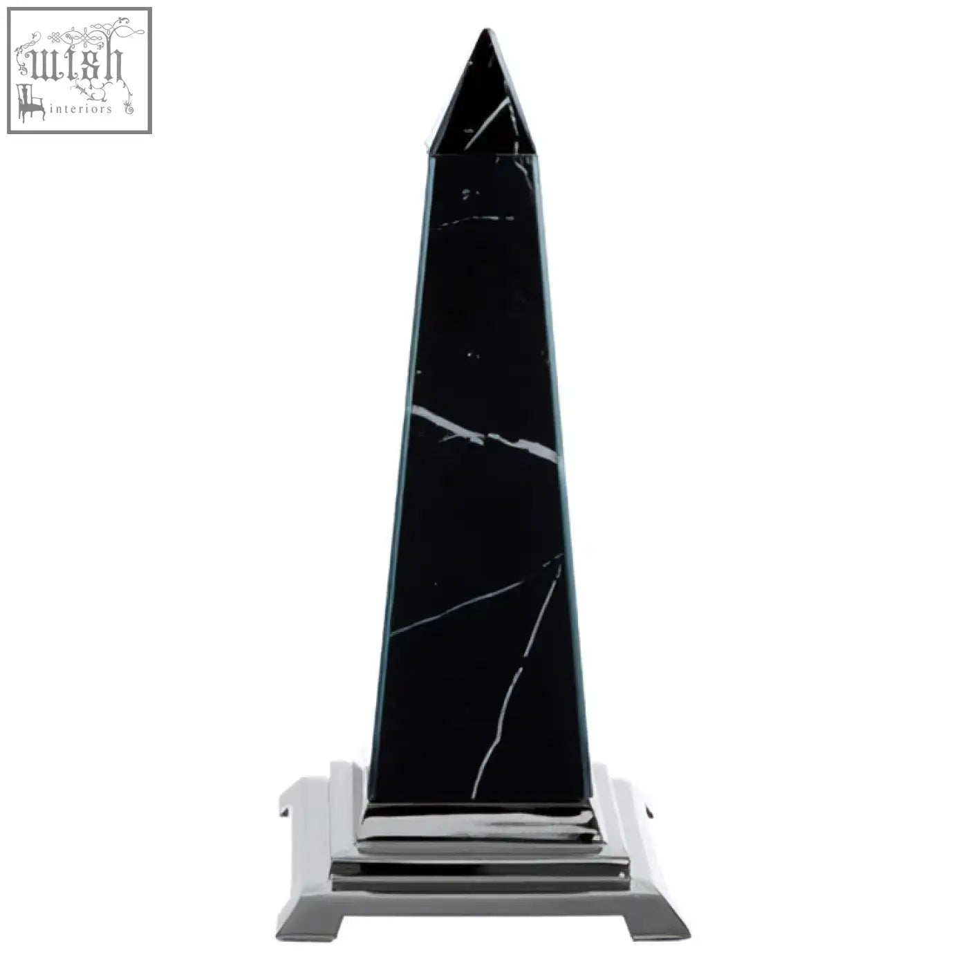 Renata small black marble design obelisk sculpture with white veining on a polished chrome base