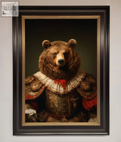 A renaissance bear framed poster featuring a brown bear in ornate gold and red historical attire