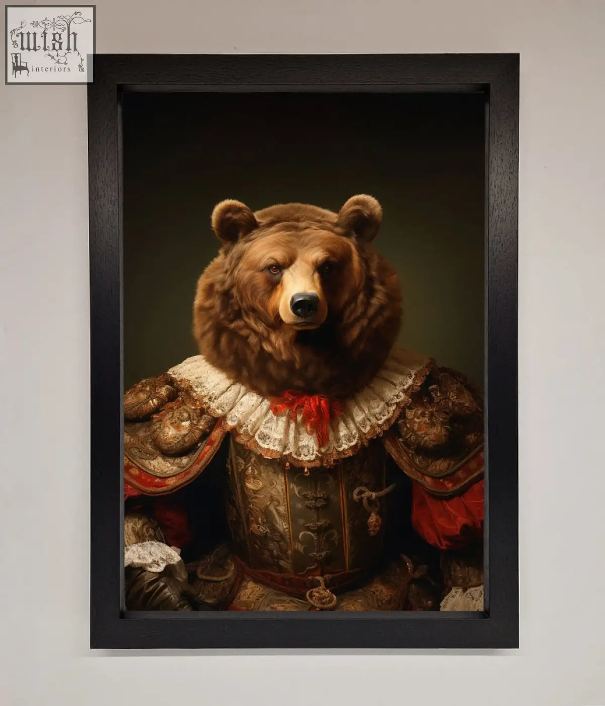 A rennaissance bear framed poster showing a brown bear in detailed armor and ornate historical attire