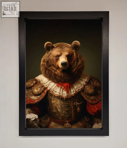 A rennaissance bear framed poster showing a brown bear in detailed armor and ornate historical attire