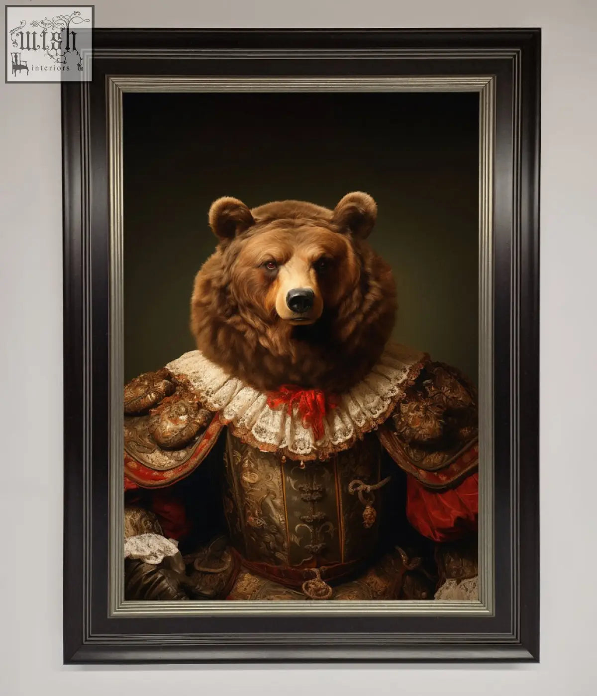 A rennaissance bear framed poster featuring a brown bear in ornate historical attire with gold and red details