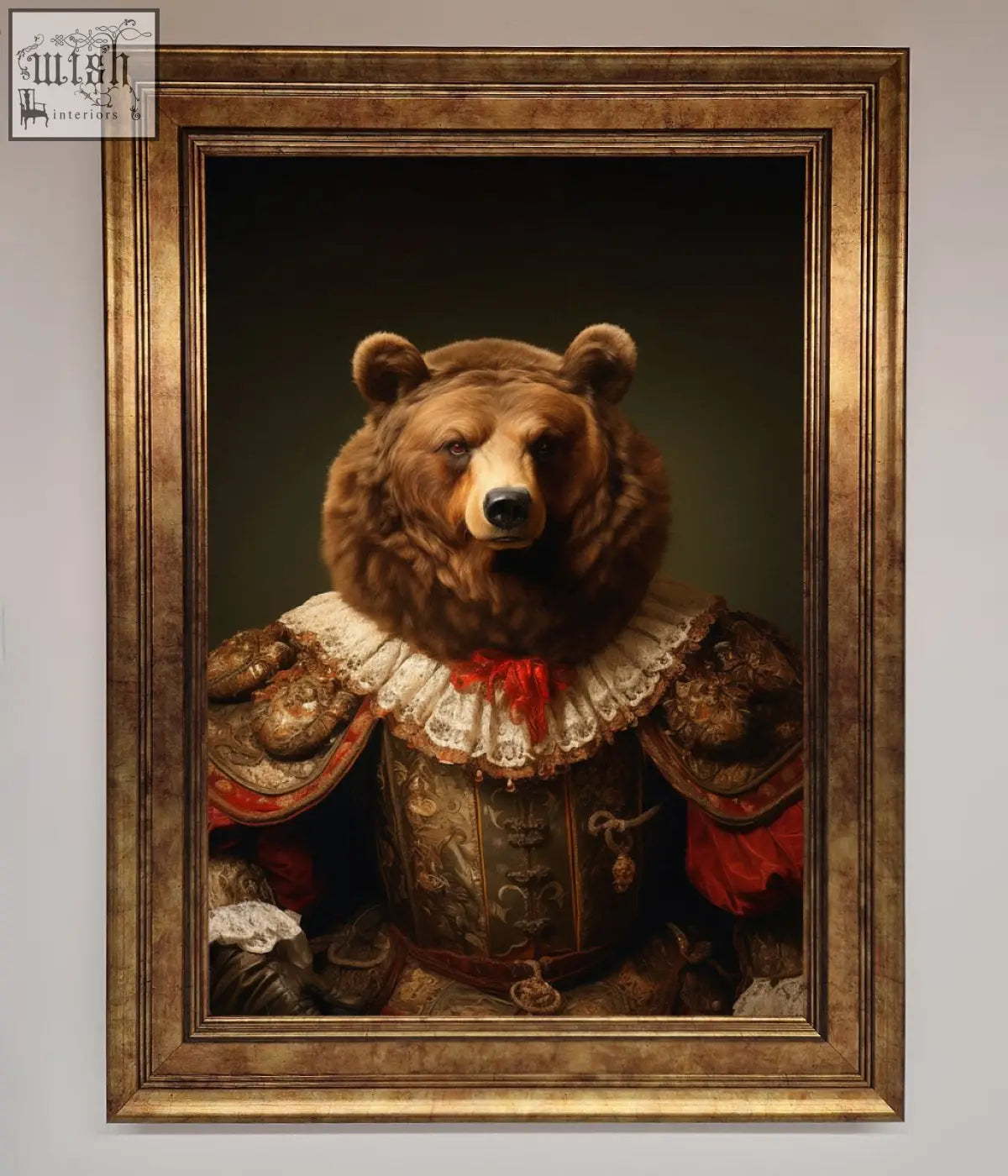 A renaissance bear framed poster featuring a brown bear in ornate historical attire with lace collar and red accents