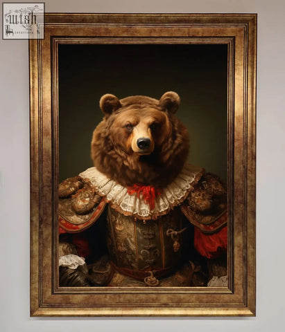 A renaissance bear framed poster featuring a brown bear in ornate historical attire with lace collar and red accents