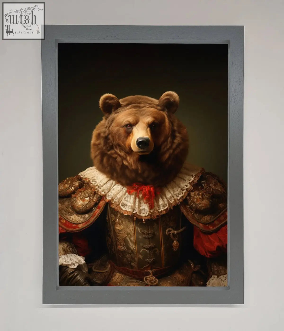 A rennaissance bear framed poster showing a brown bear in ornate historical attire with embroidery and lace