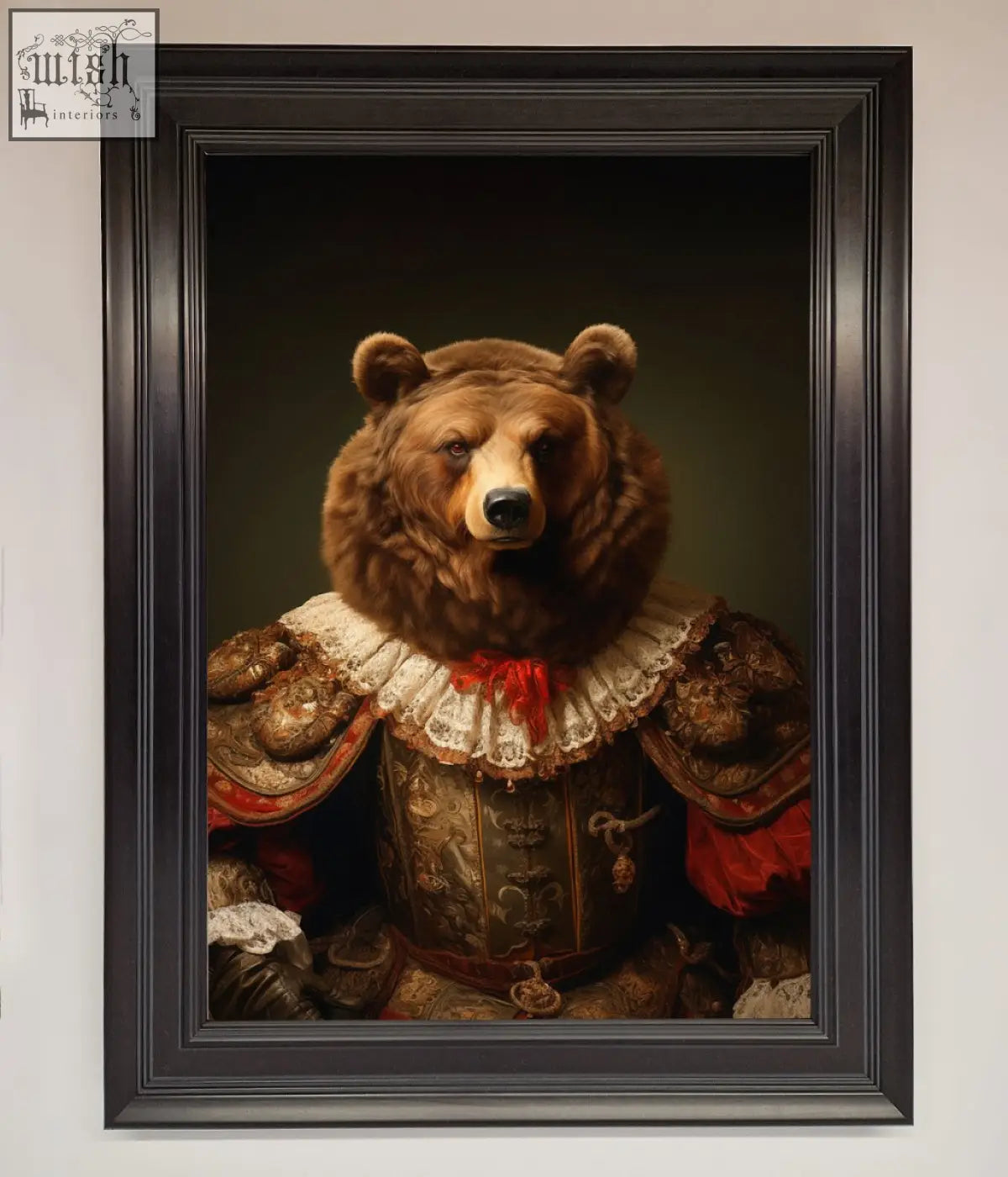 A rennaissance bear framed poster featuring a brown bear in ornate historical armor with lace collar and red accents