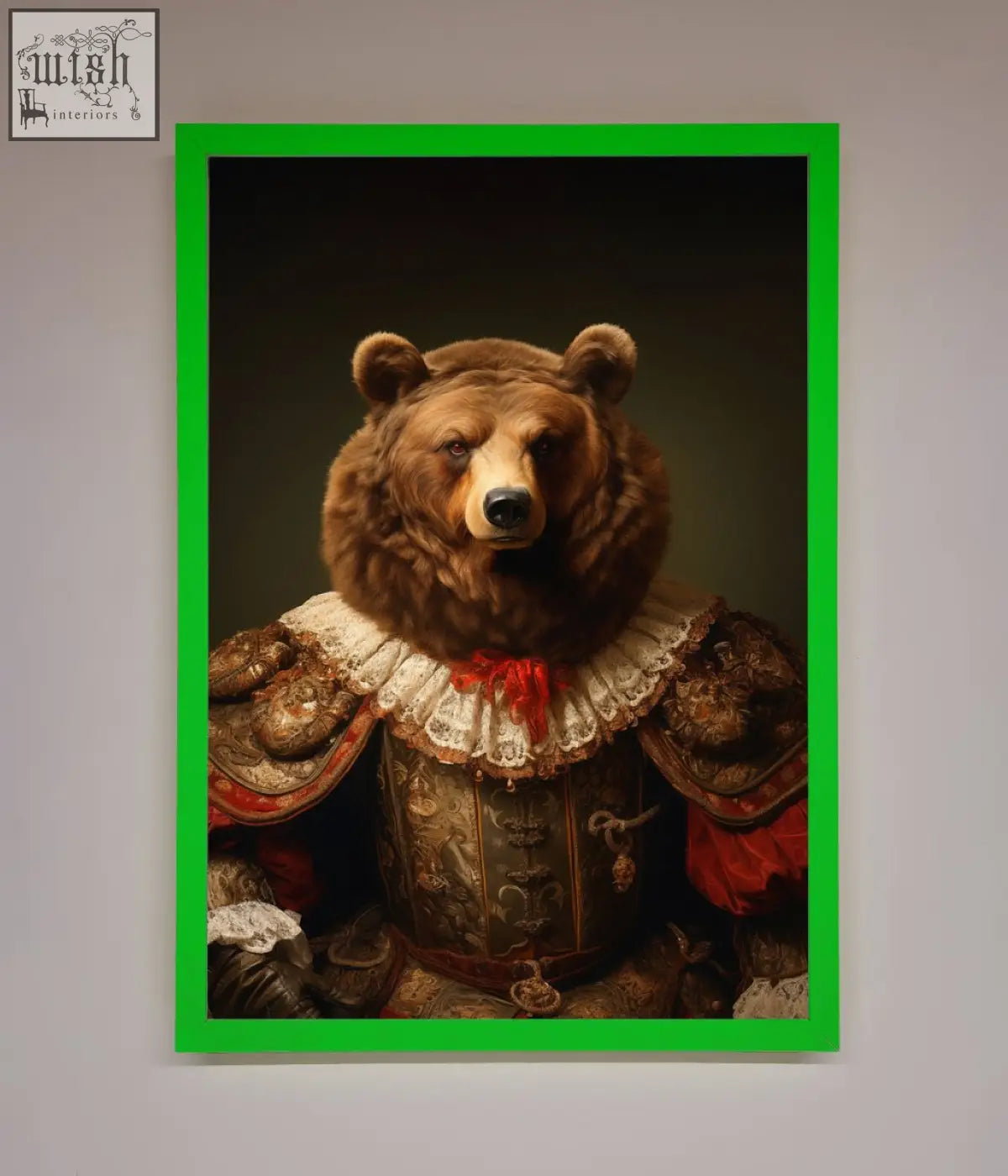 A rennaissance bear framed poster showing a brown bear in ornate historical armor with lace collar and red accents