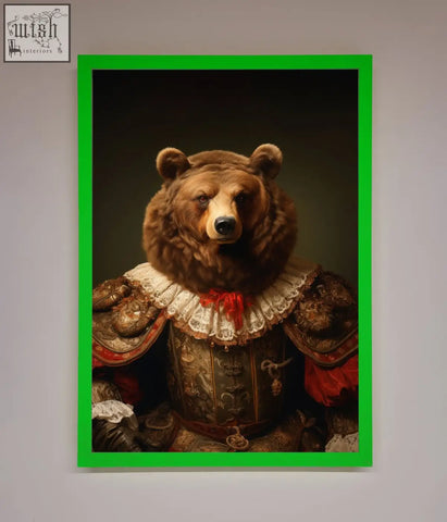 A rennaissance bear framed poster showing a brown bear in ornate historical armor with lace collar and red accents