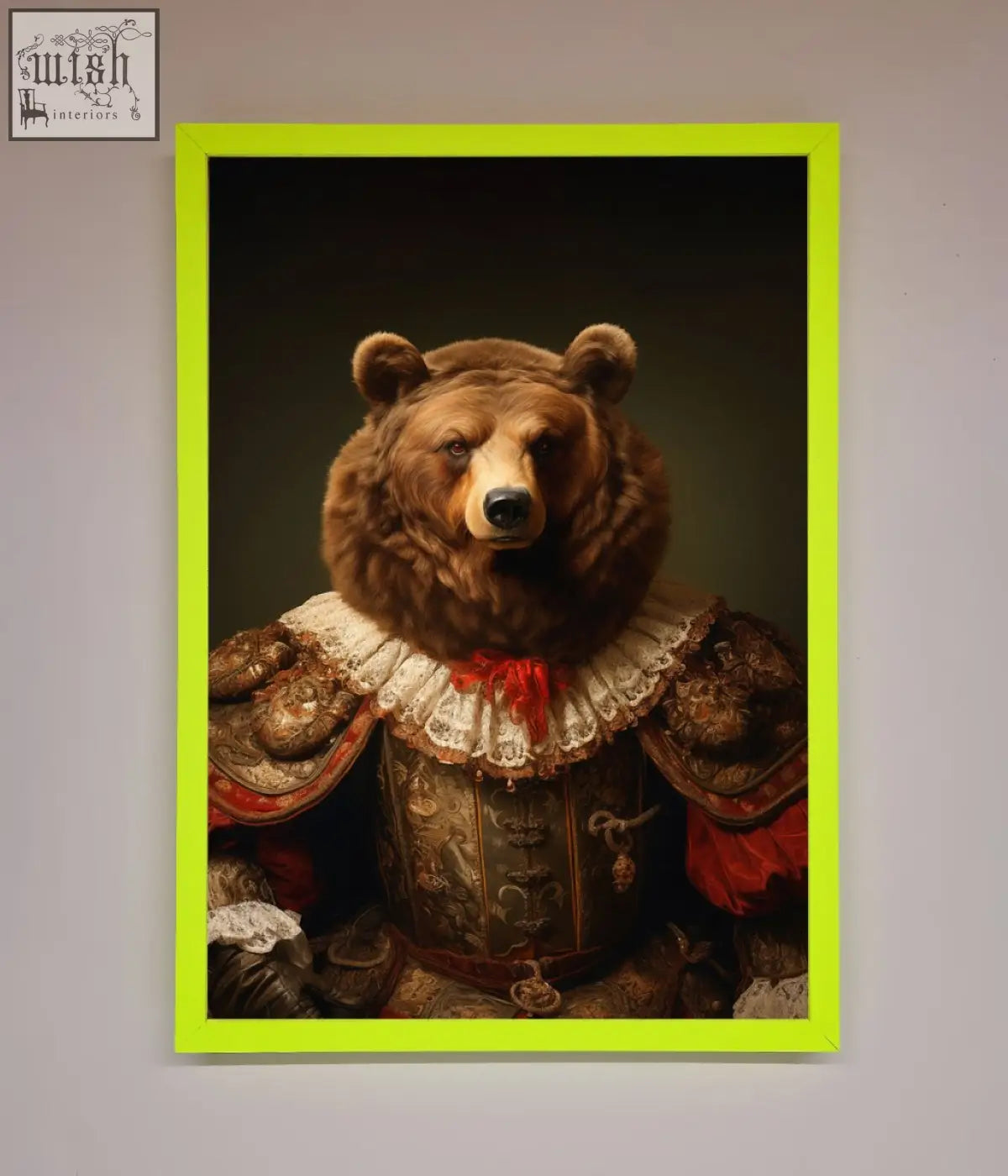 A rennaissance bear framed poster showing a brown bear in ornate historical armor with lace collar and red accents