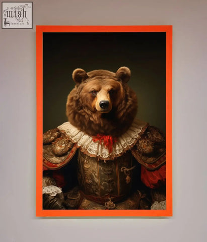 A renaissance bear framed poster featuring a brown bear in ornate historical armor with lace collar and red accents