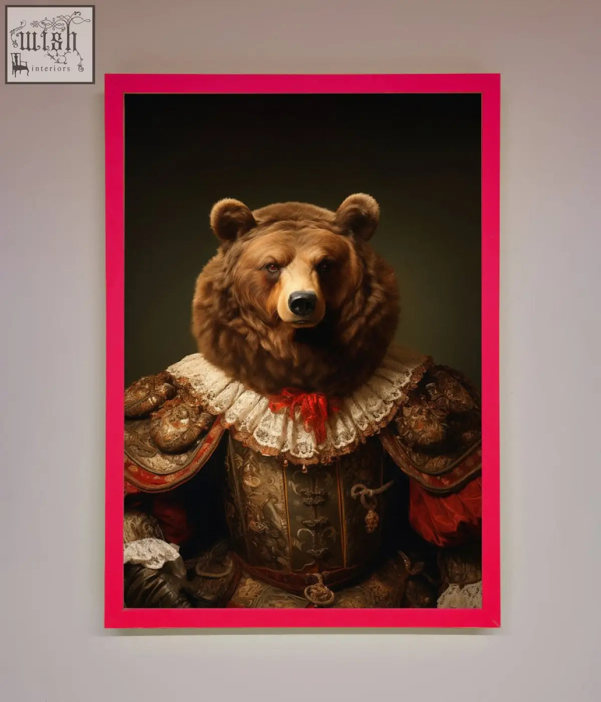 A rennaissance bear framed poster showing a brown bear in ornate historical armor with lace collar and red accents