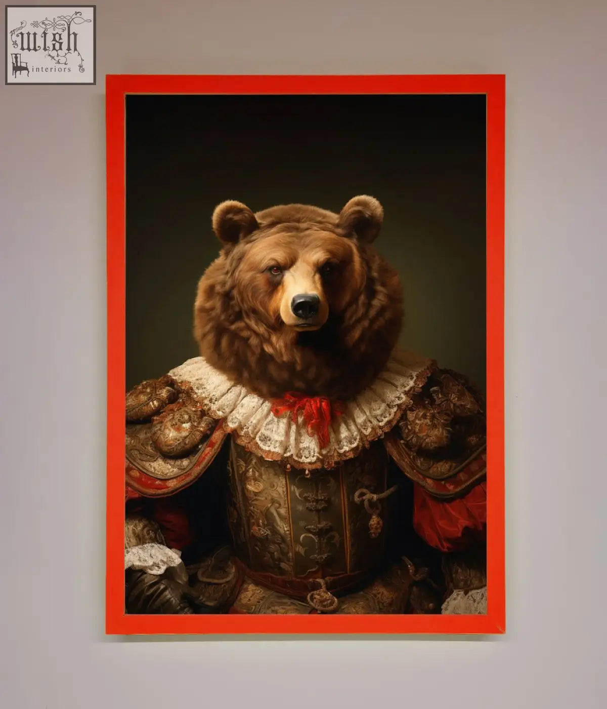 A renaissance bear framed poster featuring a brown bear in ornate historical armor with lace collar and red ribbon