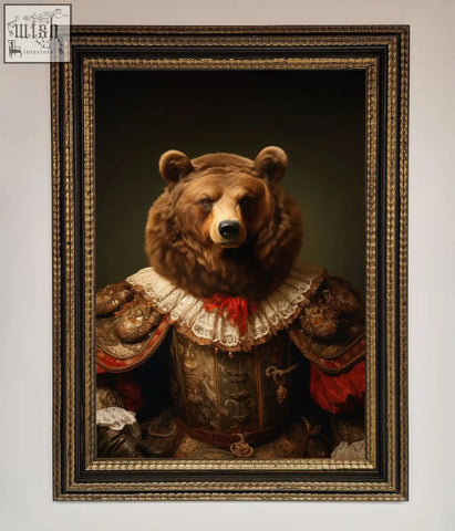A rennaissance bear framed poster featuring a brown bear in ornate historical attire within a gold-toned frame