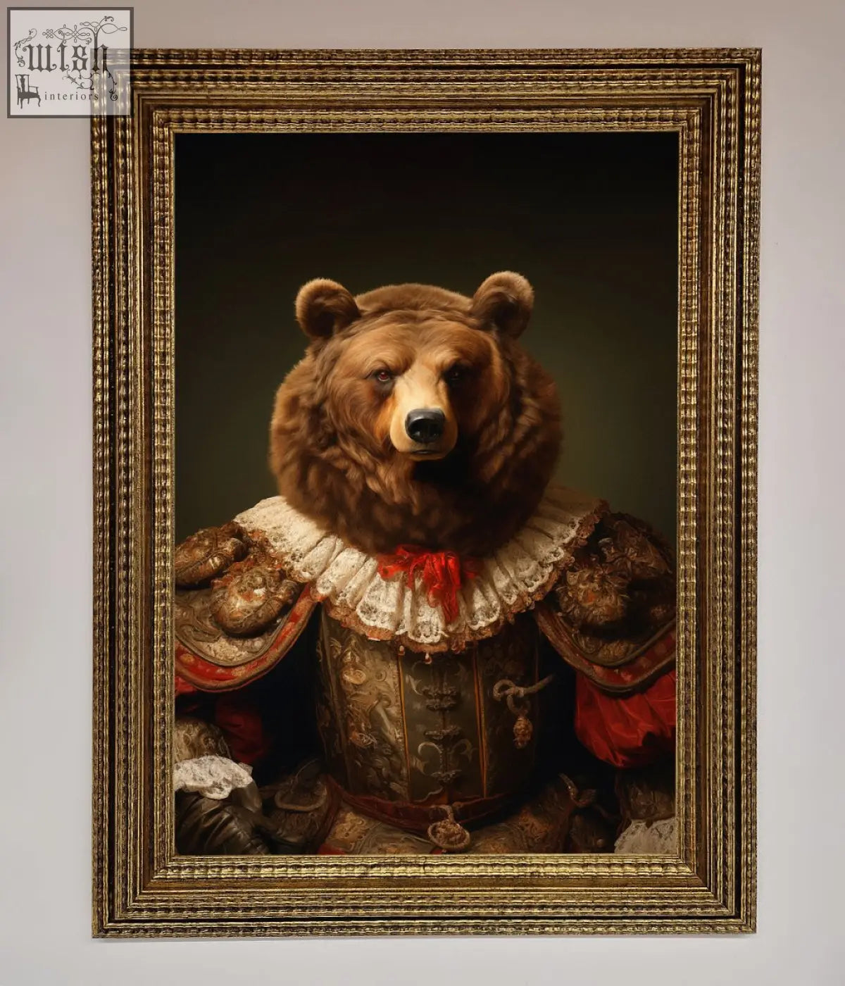 A renaissance bear framed poster featuring a brown bear in ornate historical attire with detailed embroidery