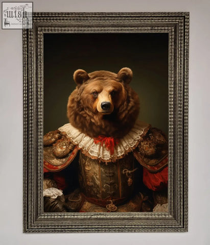 A renaissance bear framed poster featuring a brown bear in ornate armor with lace collar and red accents