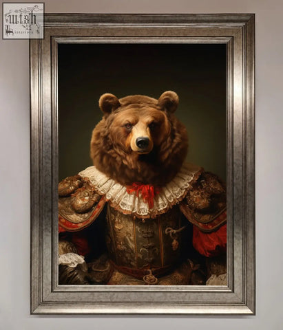 A rennaissance bear framed poster showing a brown bear in detailed ornate historical attire with rich textures and embroidery