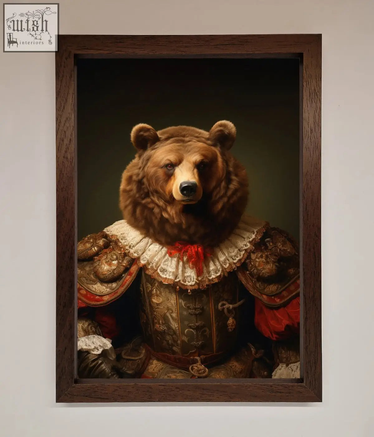 A rennaissance bear framed poster featuring a brown bear in ornate armor with lace collar and red accents
