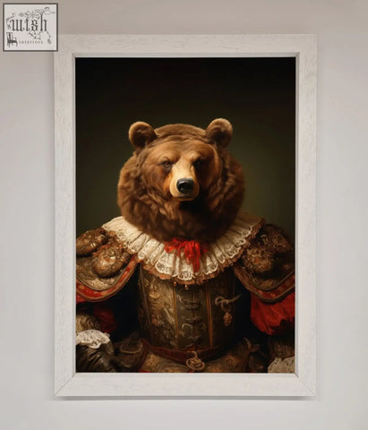 A rennaissance bear framed poster showing a brown bear in ornate historical armor with lace collar and red accents