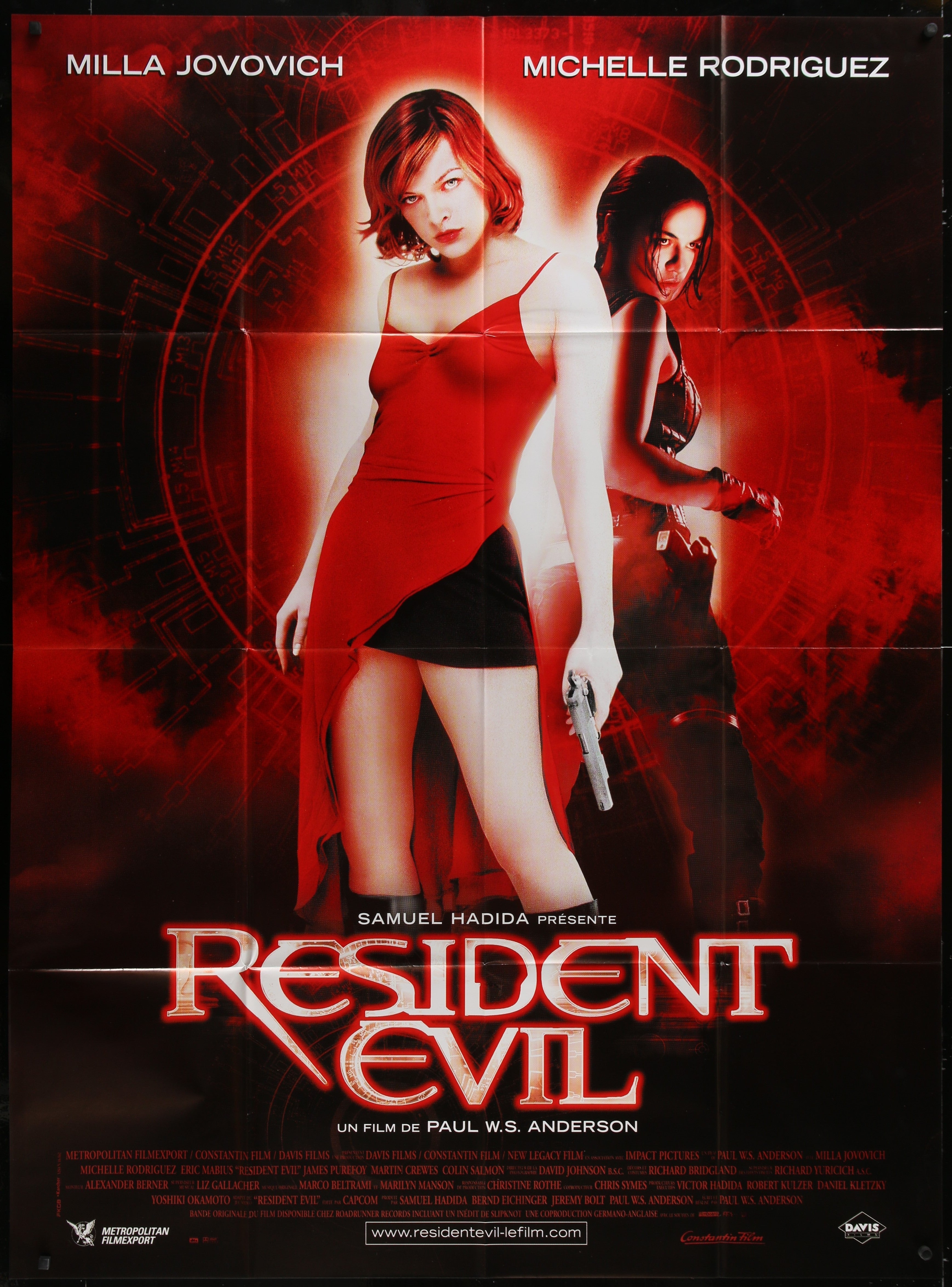 Red and black original french vintage movie poster for resident evil 2002 featuring milla jovovich in a red dress