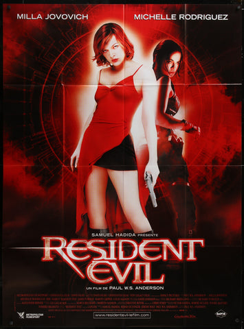 Red and black original french vintage movie poster for resident evil 2002 featuring milla jovovich in a red dress