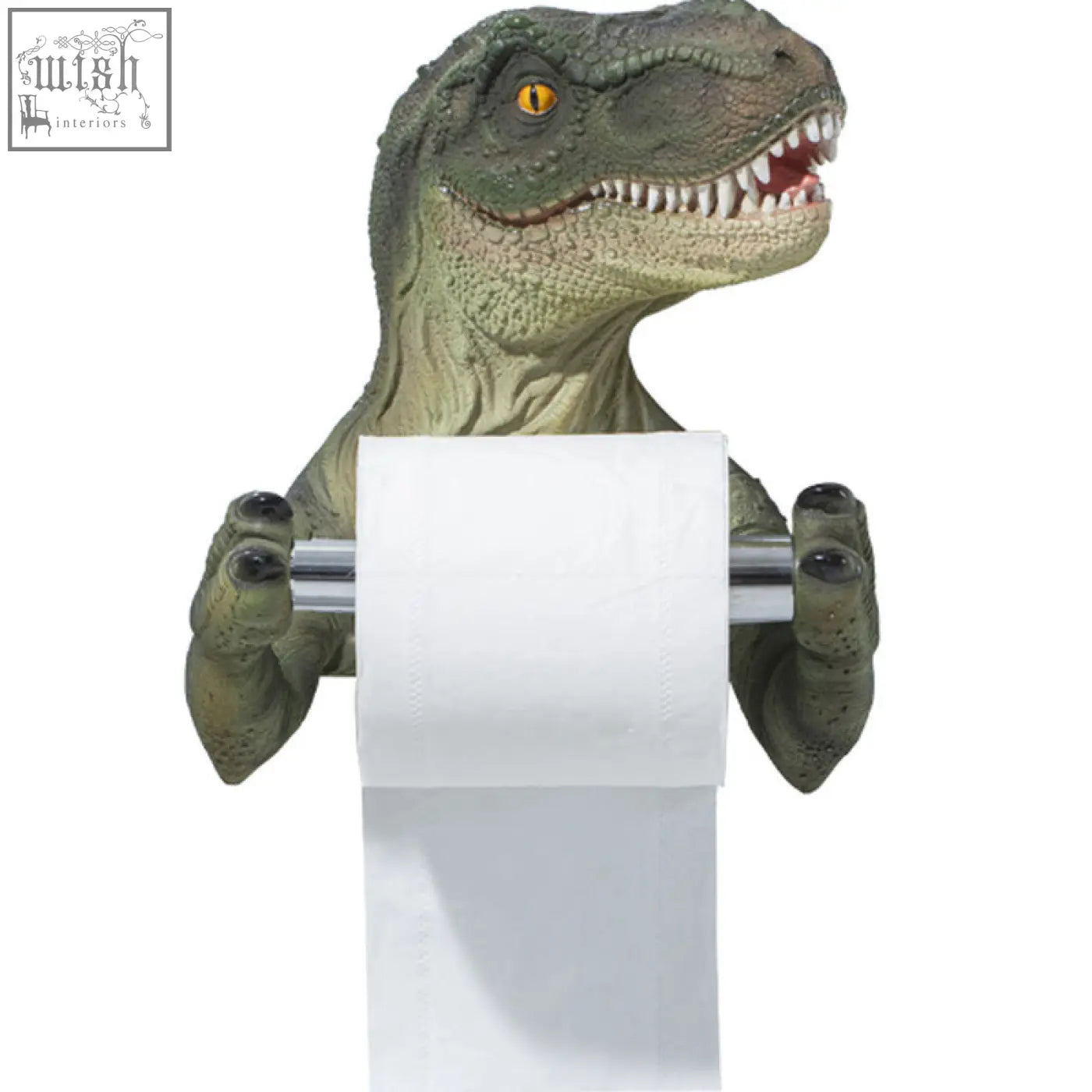 Green resin dinosaur tissue holder with detailed scales and yellow eyes holding white paper towel roll for bathroom use