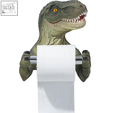 Green resin dinosaur tissue holder with detailed scales and yellow eyes holding white paper towel roll for bathroom use