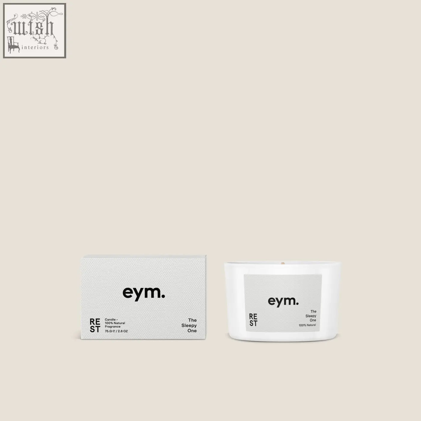 White ceramic mini candle with minimalist gray label and eym branding scented the sleepy one in a sleek design