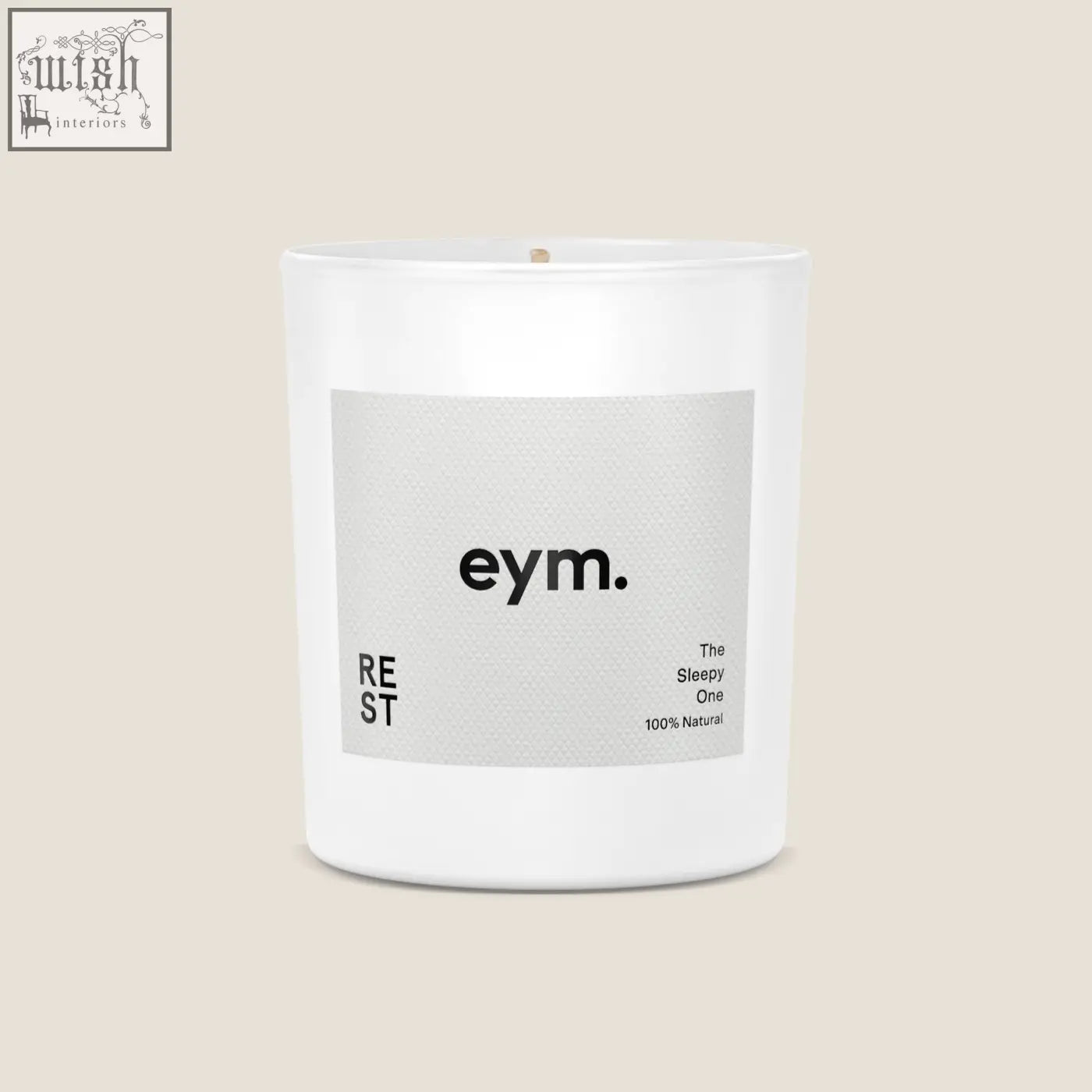 White glass standard candle jar with minimalist eym label perfect for relaxation and restful ambiance