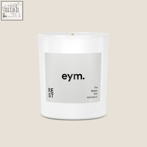 White glass standard candle jar with minimalist eym label perfect for relaxation and restful ambiance
