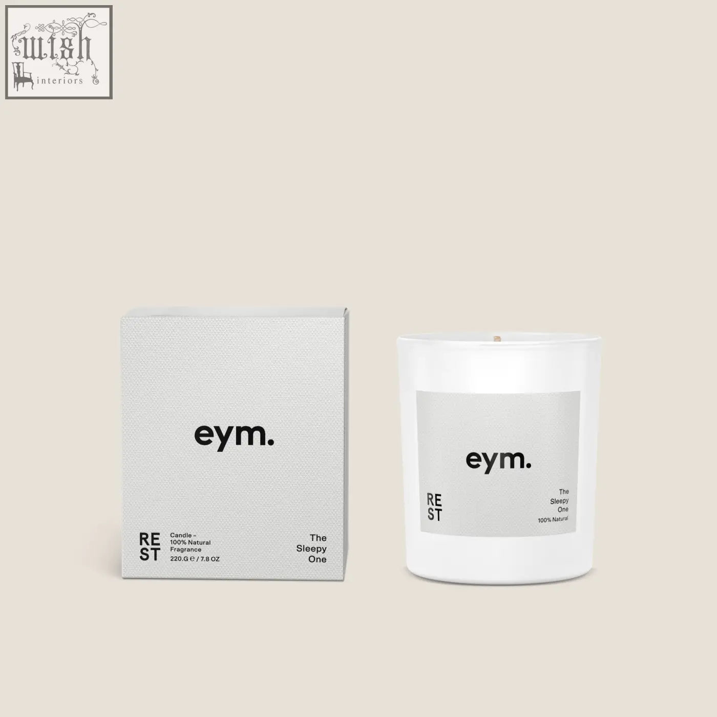 White glass standard candle with minimalist eym label designed for rest and relaxation
