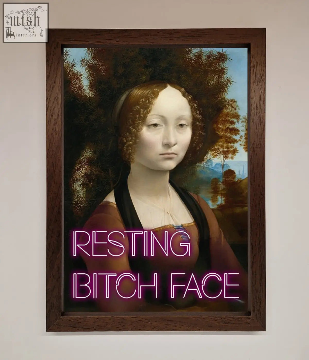 Framed print of a classical portrait with neon pink resting bitch face text perfect for bitch face renaissance fans