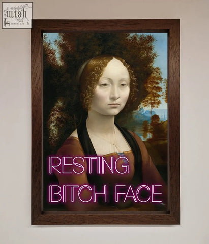 Framed print of a classical portrait with neon pink resting bitch face text perfect for bitch face renaissance fans