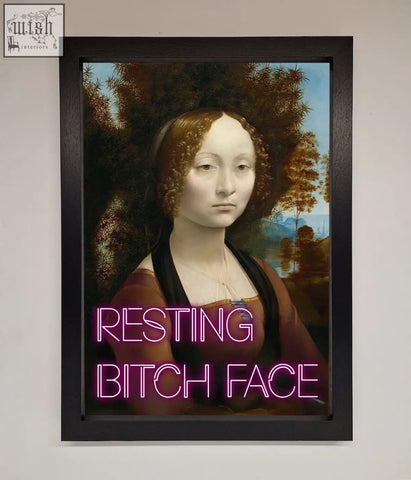 Framed print of the mona lisa with neon pink resting bitch face text perfect for bitch face renaissance fans