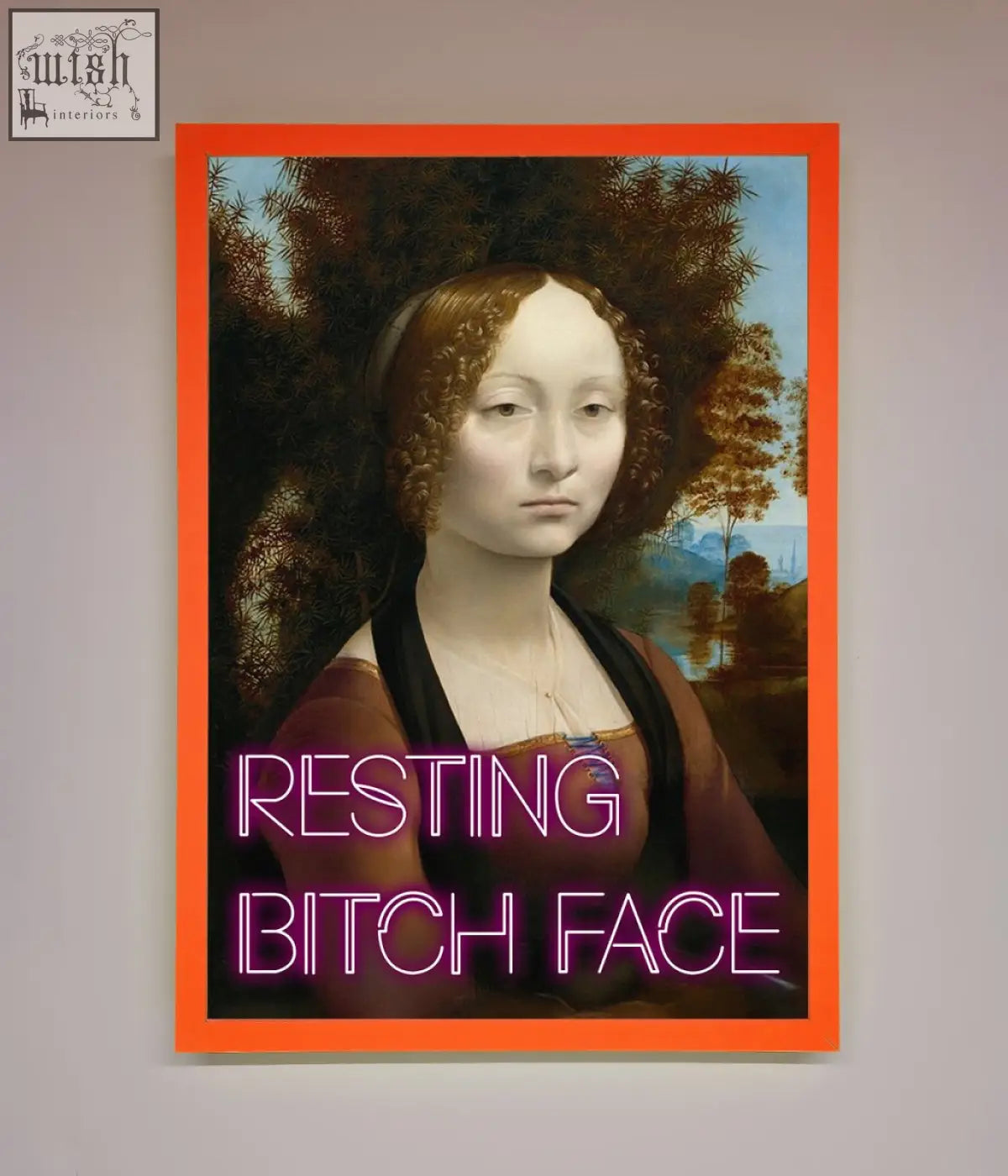 Orange-framed resting bitch face renaissance framed print featuring a digital mona lisa with neon pink text