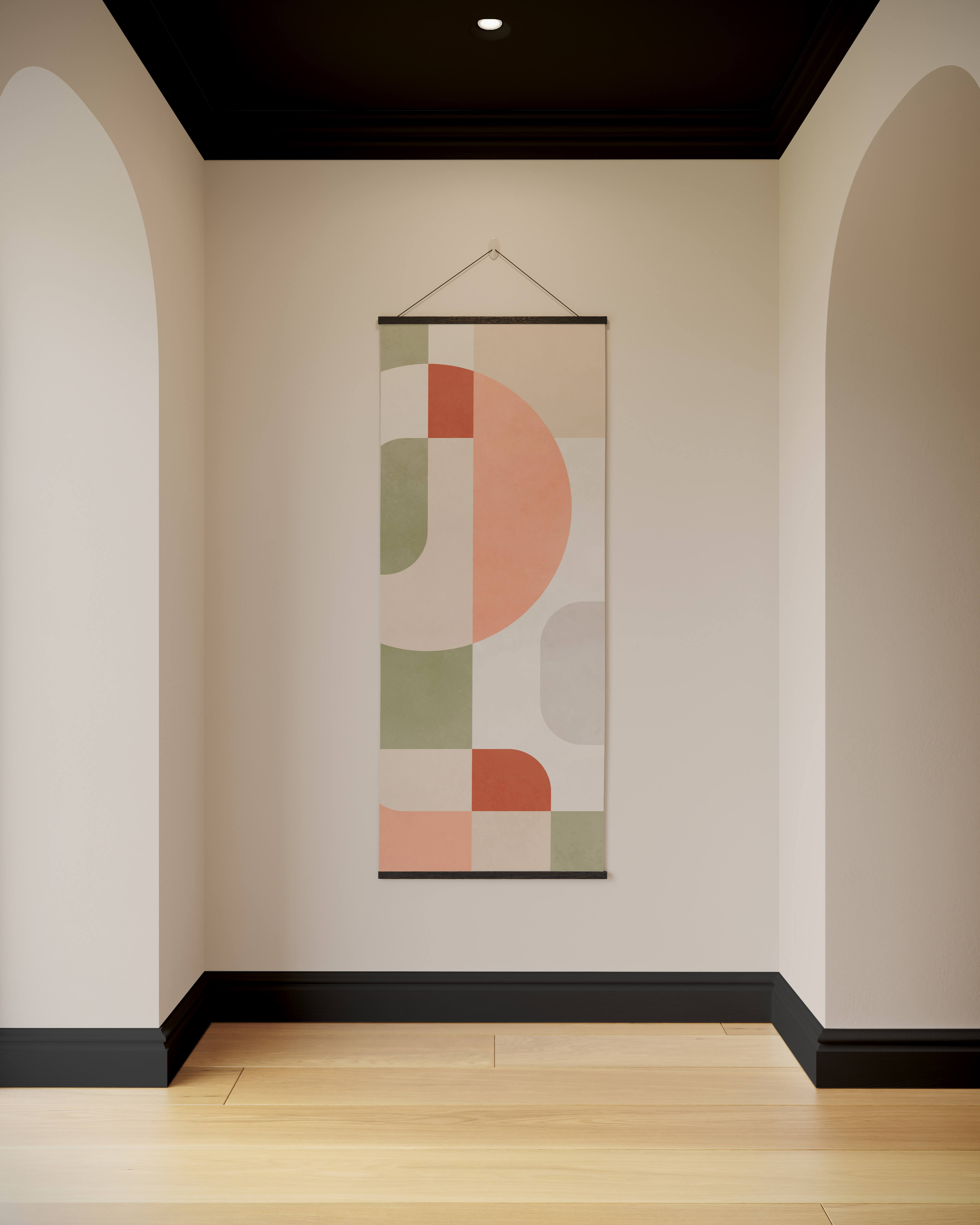 A retro block shape tapestry with soft pastel peach, sage green, and muted red geometric shapes on beige background