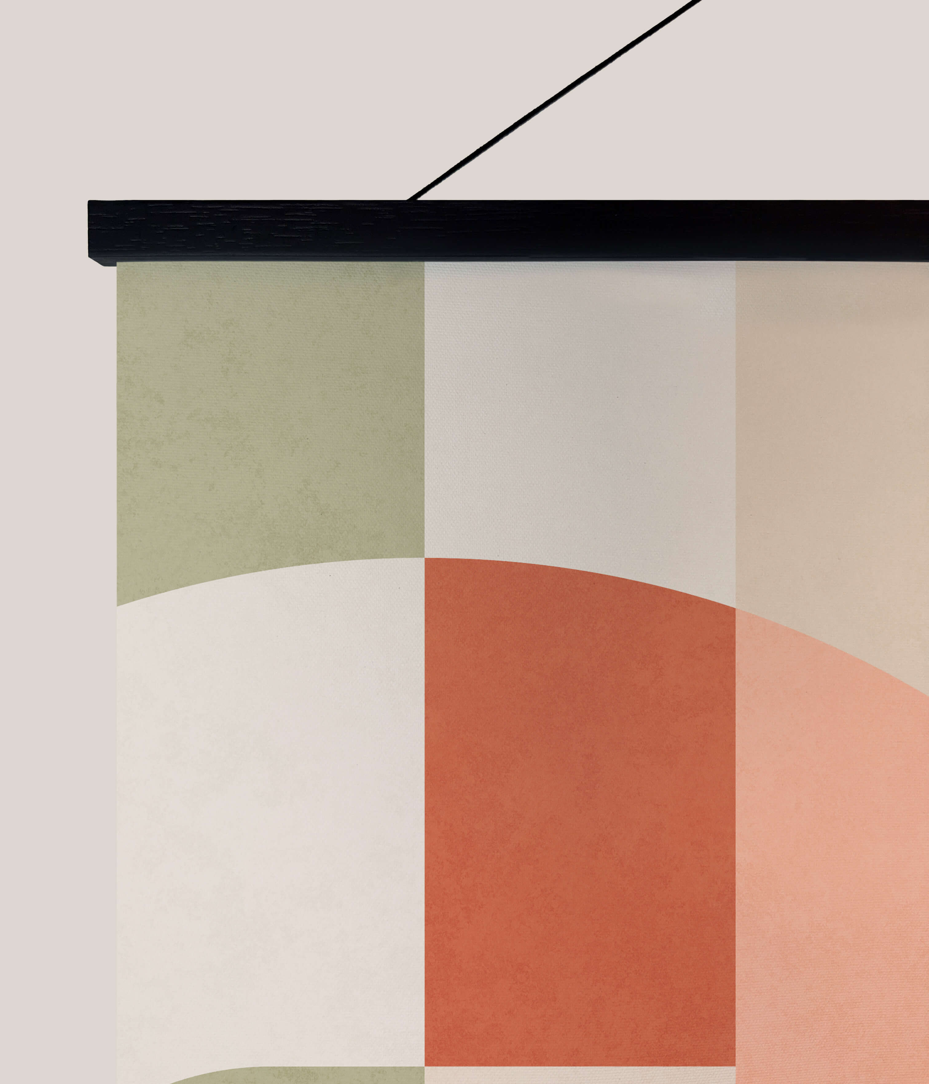 Modern abstract retro block shape tapestry with black frame and muted sage cream terracotta and peach panels