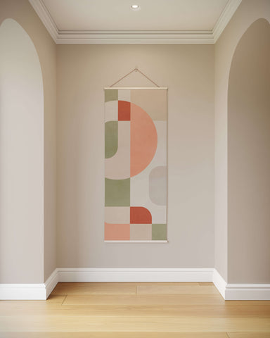 A modern retro block shape tapestry with pastel peach, sage green, and terracotta geometric shapes on beige background