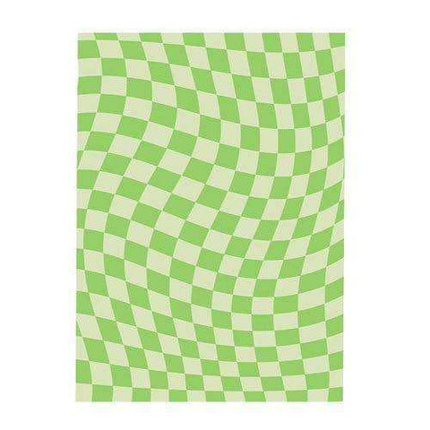 Vibrant lime green and off-white retro checkerboard rug with wavy pattern perfect for stylish home decor
