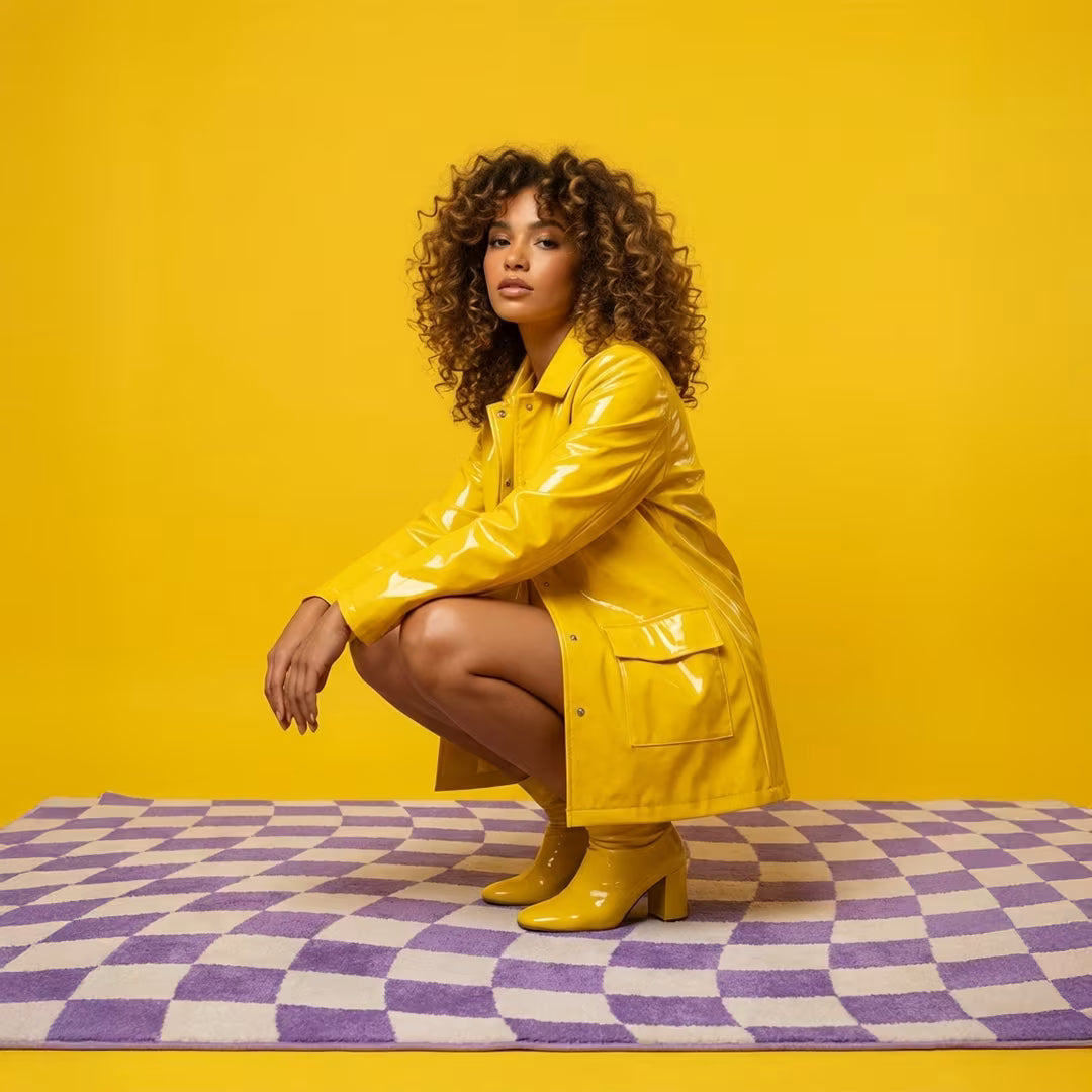 A glossy yellow trench coat with classic collar and front pockets paired with a retro checkerboard rug design