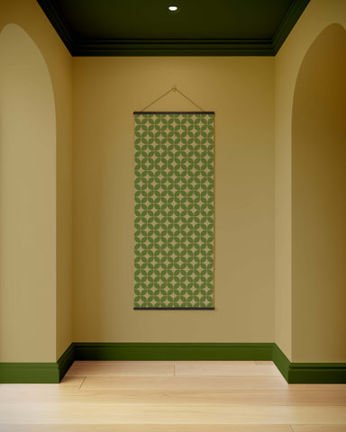 Green geometric-patterned retro diamond tapestry with subtle texture and dark green border for wall hanging