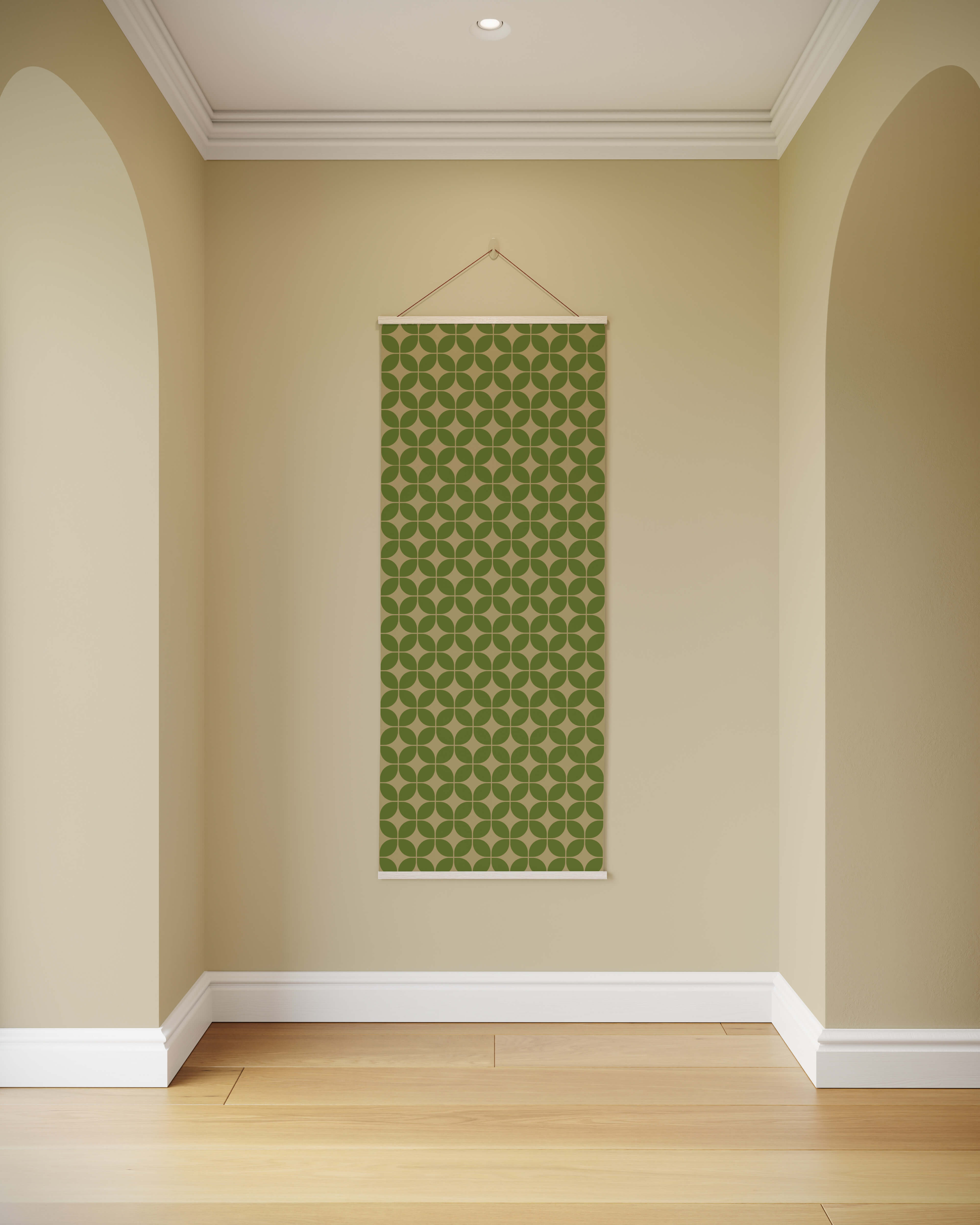 Retro diamond pattern tapestry green geometric wall hanging with white border and string hanger for decor