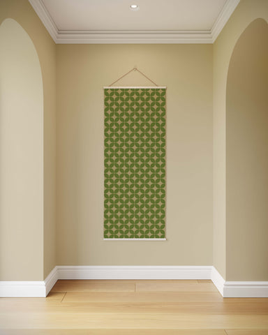Retro diamond pattern tapestry green geometric wall hanging with white border and string hanger for decor