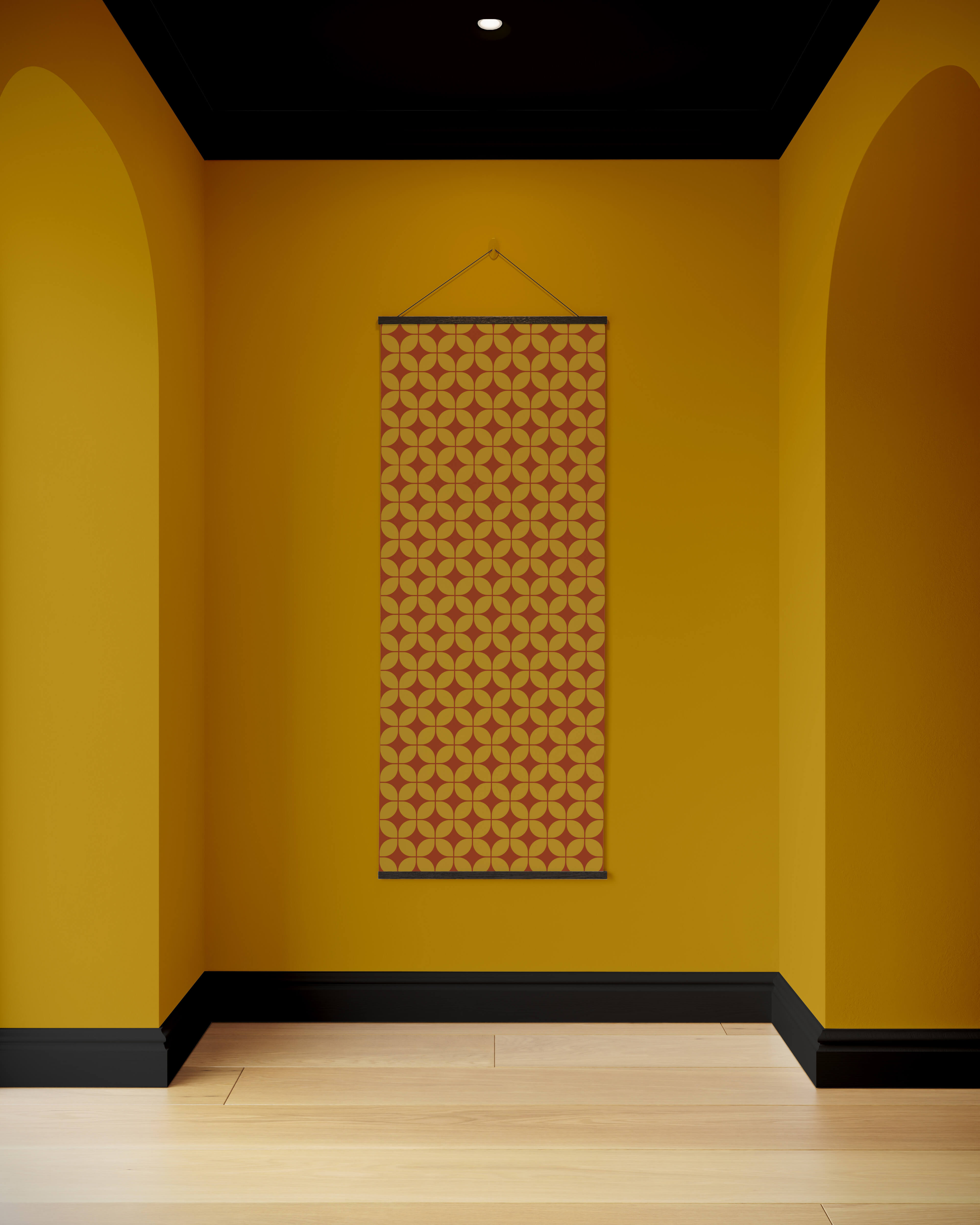 Retro diamond pattern tapestry with warm orange and mustard geometric design framed by dark borders for wall hanging