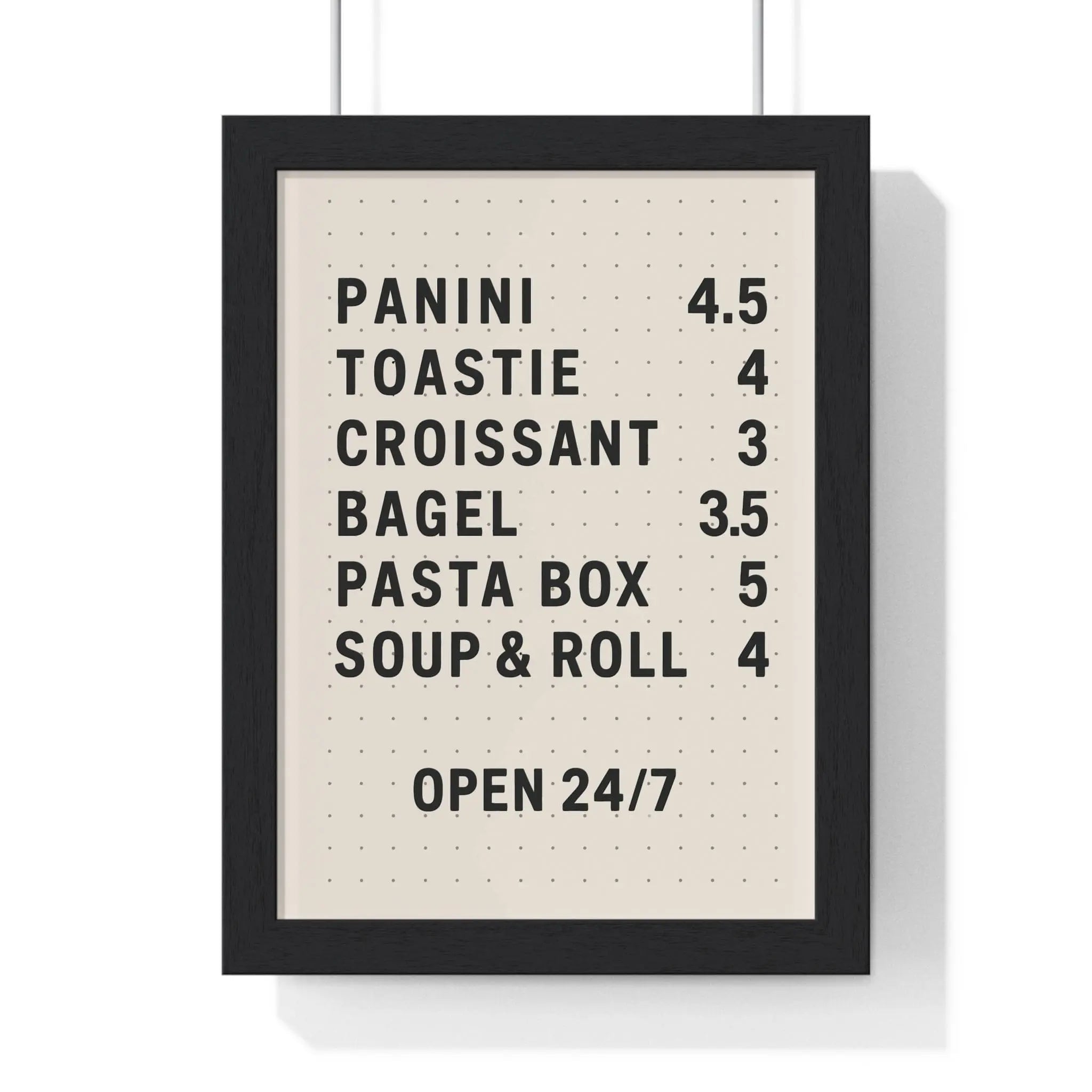 Black-framed retro food menu poster with beige background and black text for kitchen wall art decoration