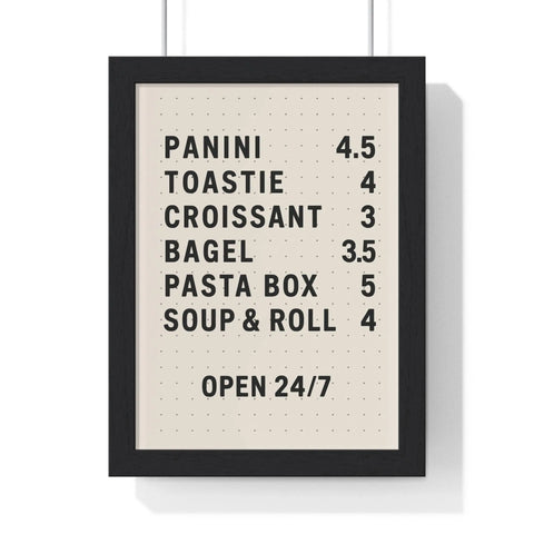 Black-framed retro food menu poster with beige background and black text for kitchen wall art decoration