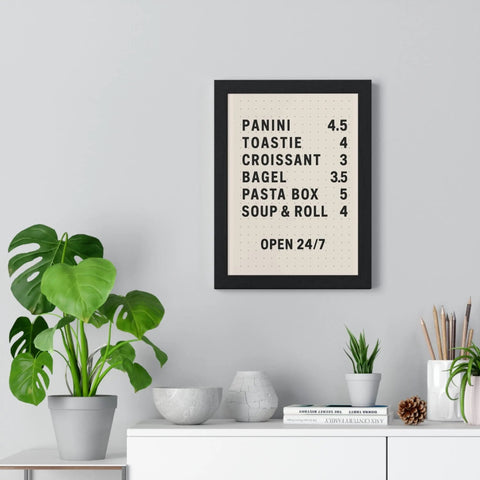 Black-framed retro food menu poster with beige background and black text perfect for kitchen wall art display