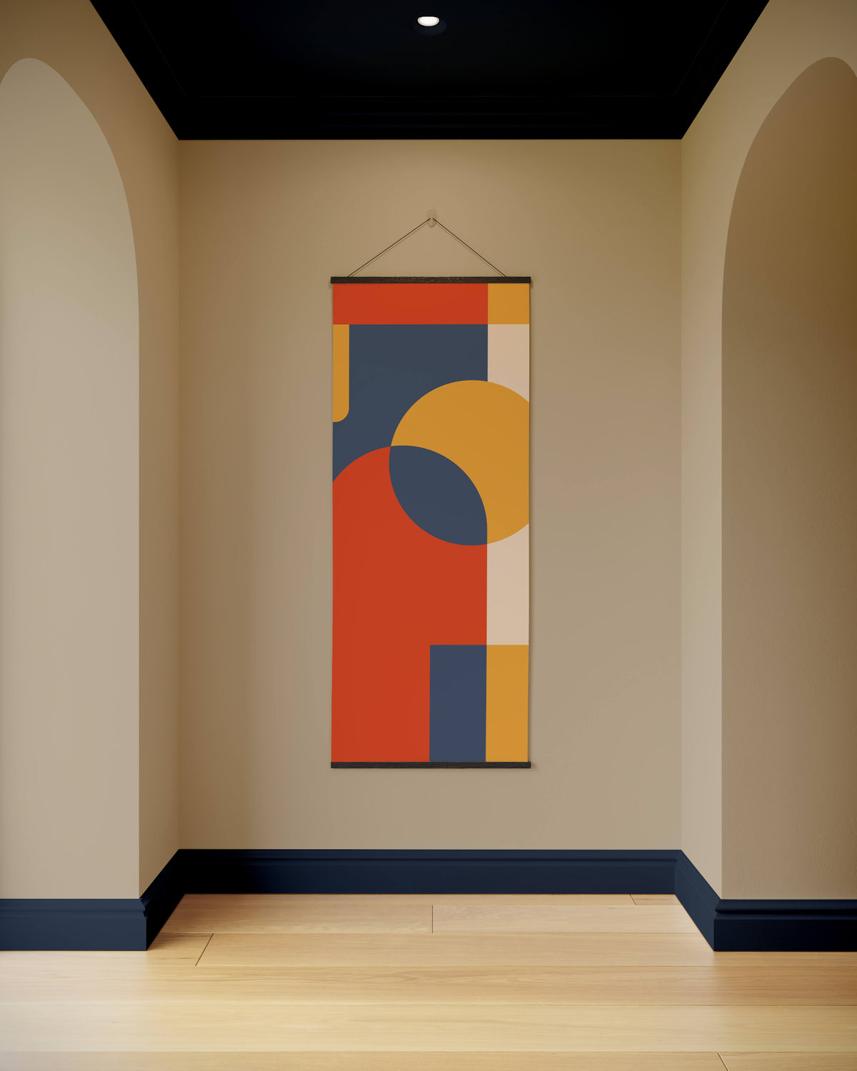 A retro geometric tapestry with bold red orange blue and cream shapes in a modern abstract design