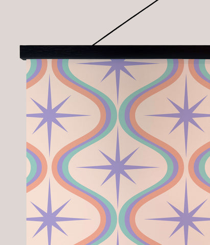 Pastel tapestry with a retro pastel design featuring purple stars and teal peach cream wavy lines for wall hanging