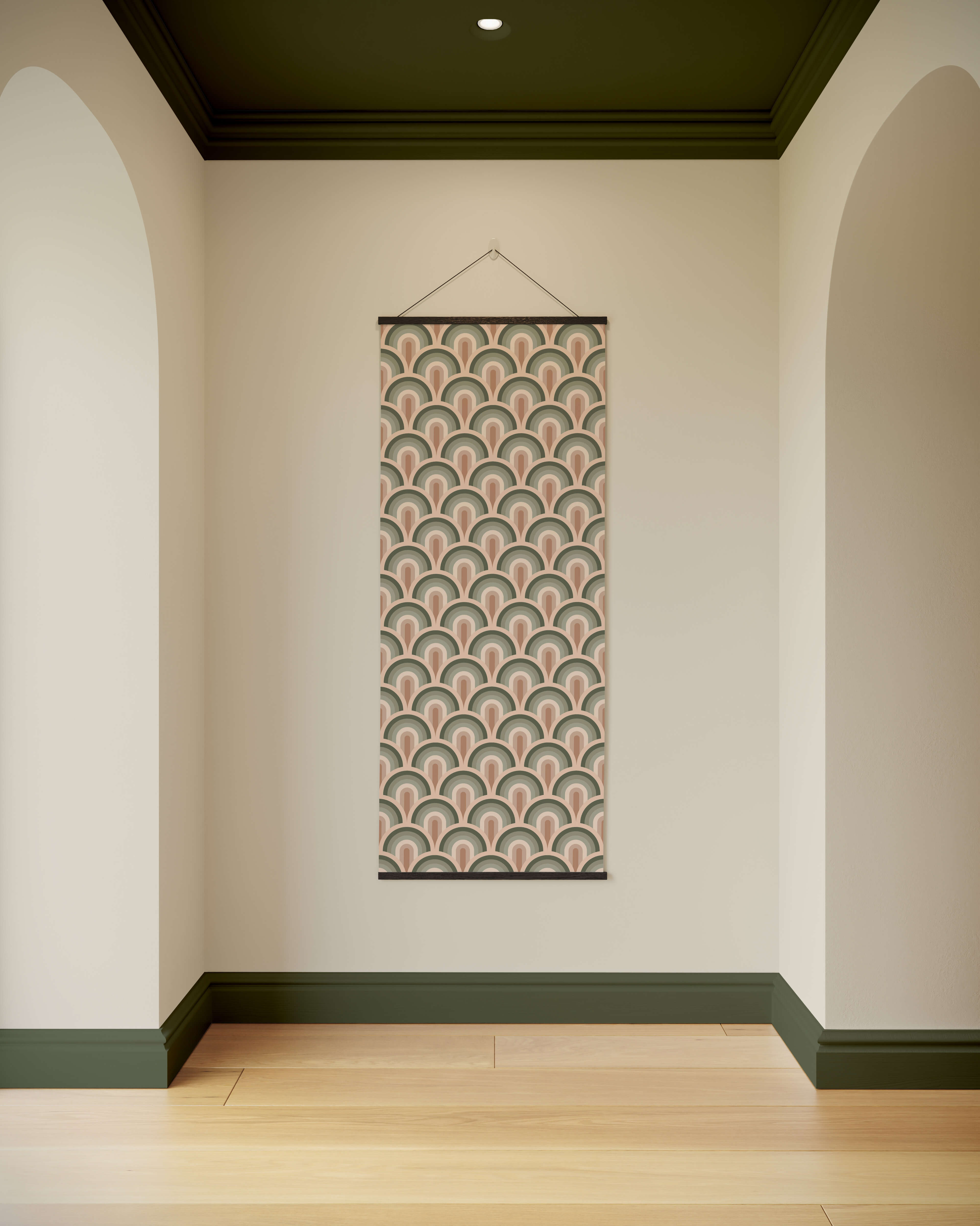 A retro rainbow tapestry with art deco fan-shaped motifs in soft pink, muted green, and beige tones hanging vertically